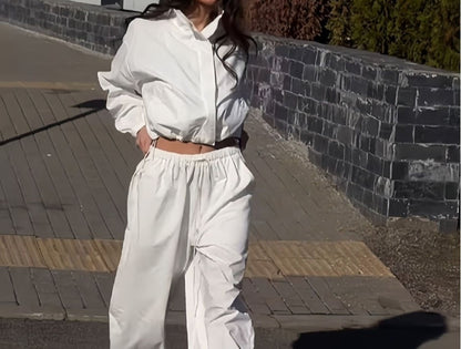 Women's Cropped Zip Jacket Wide Leg Pants Matching Set
