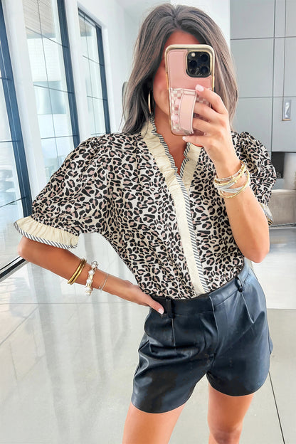 Leopard Print V Neck Blouse with Striped Ruffle Trim