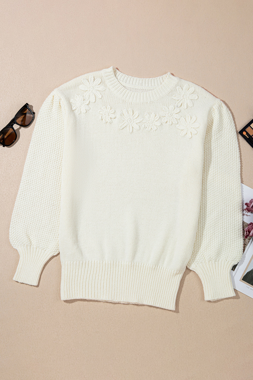 White Flower Applique Puff Sleeve Knit Sweater