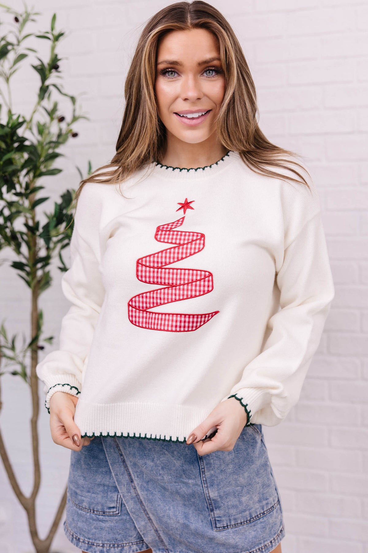 Women's Plaid Ribbon Christmas Tree Knit Sweater