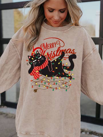 Christmas Cat Graphic Light String Corded Pullover Sweatshirt