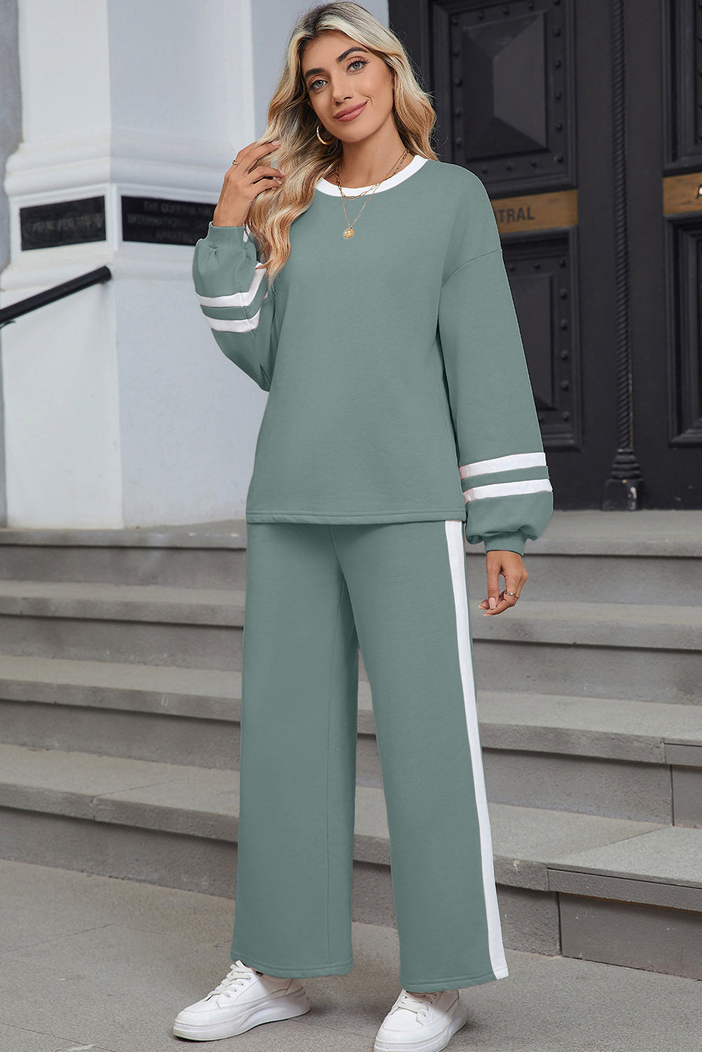 Black Varsity Stripe Patchwork Puff Sleeve Pullover Drawstring Wide Leg Pant Set