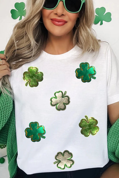 White Shamrock Foil Clover St Patricks Day Graphic Tee