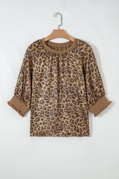 Metallic Leopard Print Puff Sleeve Blouse