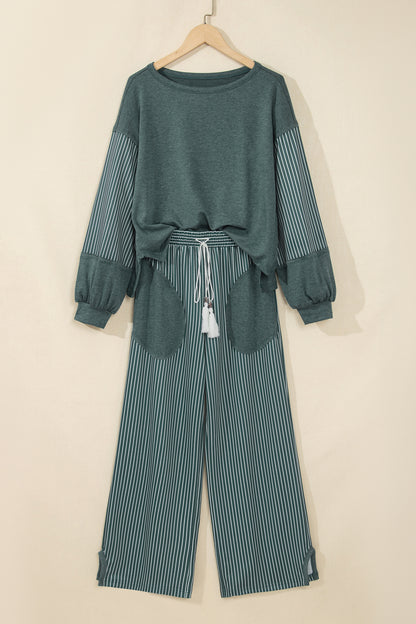 Women’s Stripe 2 Piece Lounge Set Long Sleeve Top Wide Leg Pants