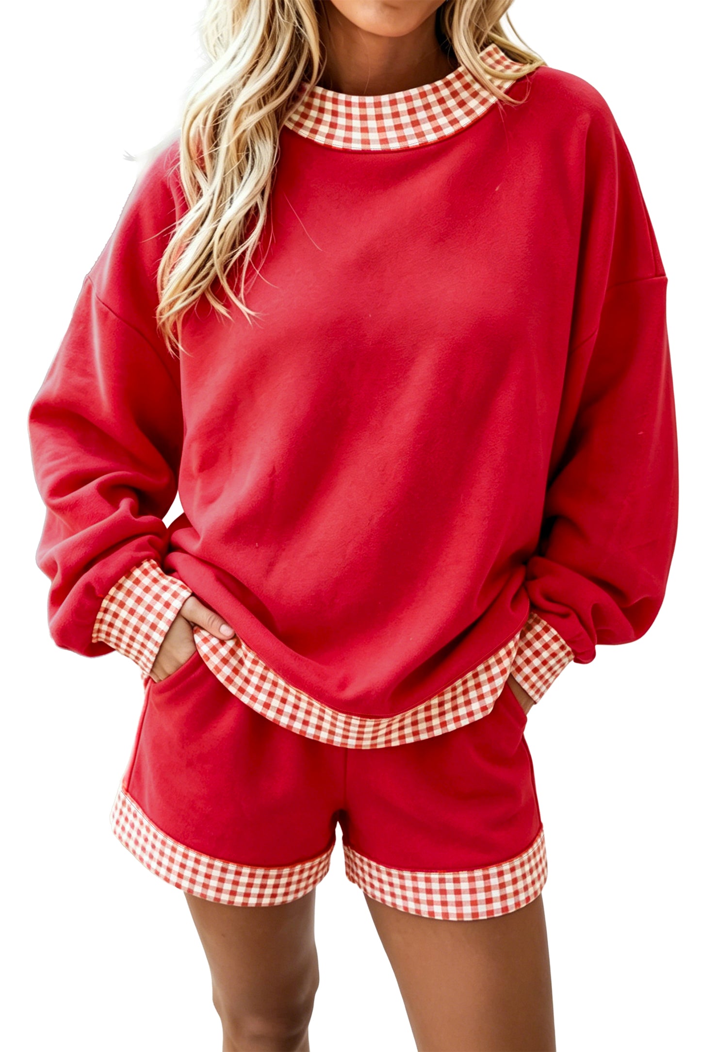 Red Gingham Trim Sweatshirt Shorts Two Piece Set