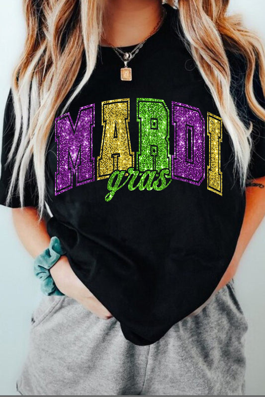 Black Glitter Mardi Gras Letter Graphic Heat Transfer Tee