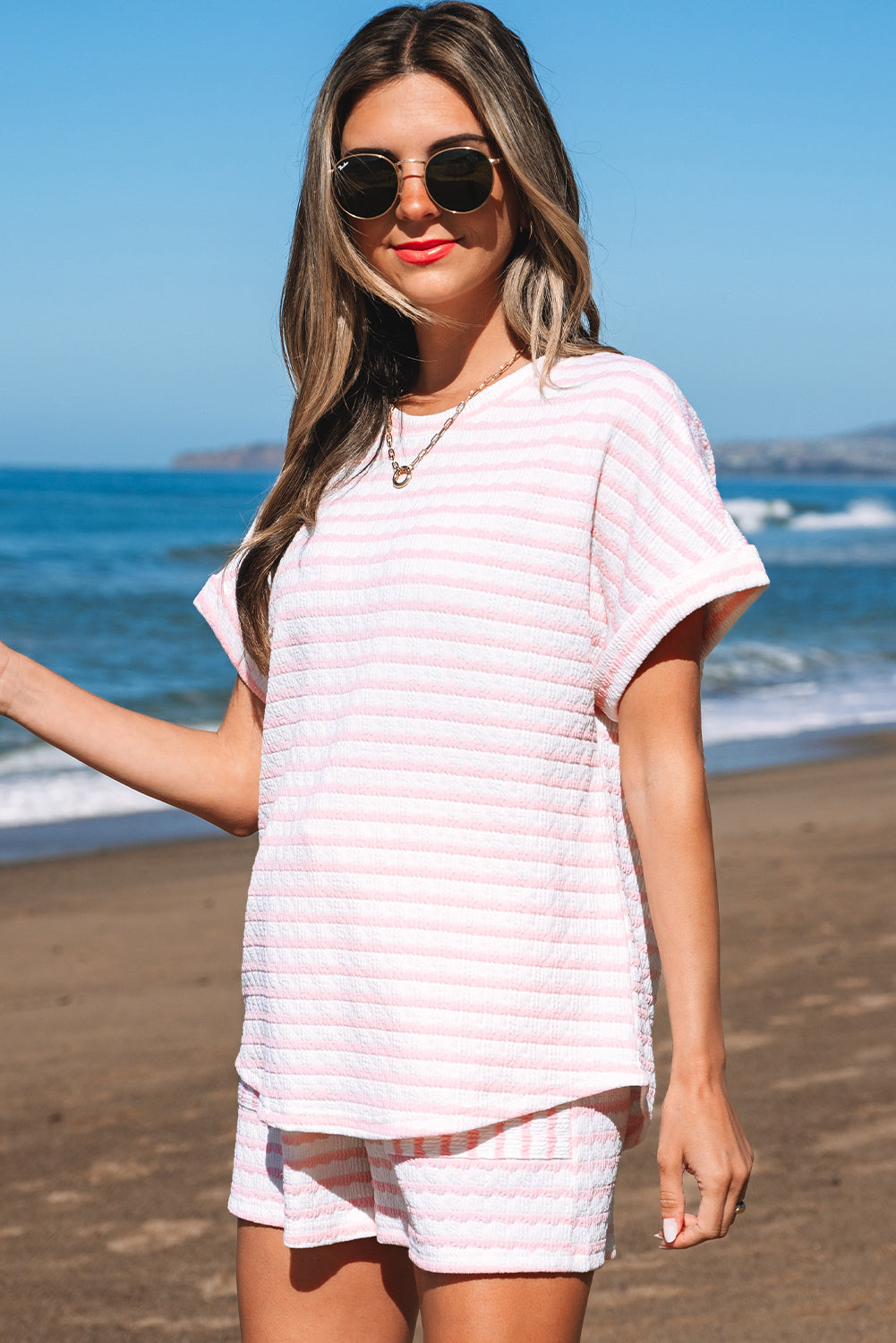 Pink Stripe Textured Knit Lounge Set Drawstring Shorts