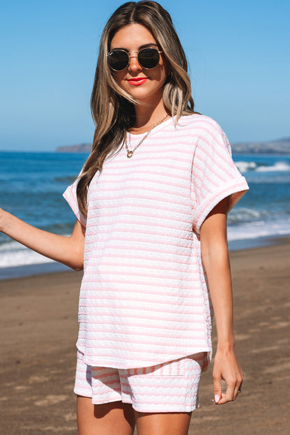 Pink Stripe Textured Knit Lounge Set Drawstring Shorts