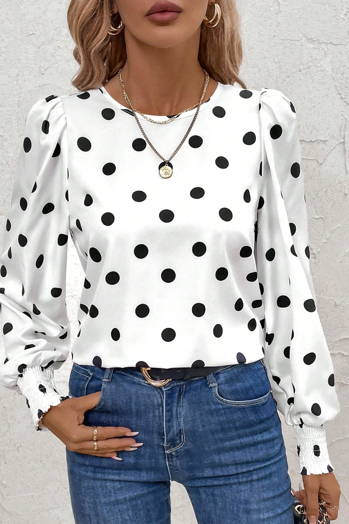 White Polka Dot Blouse Smocked Cuff Puff Sleeve Top