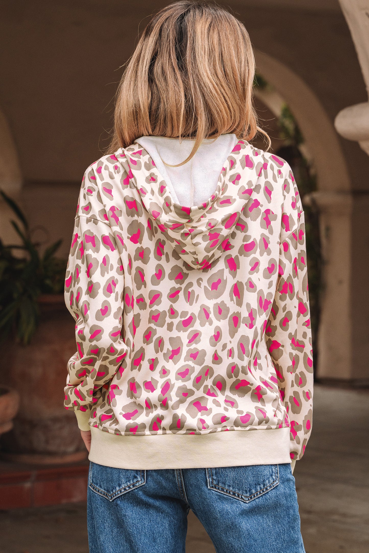 Rose Leopard Print Zip Up Hoodie with Pockets
