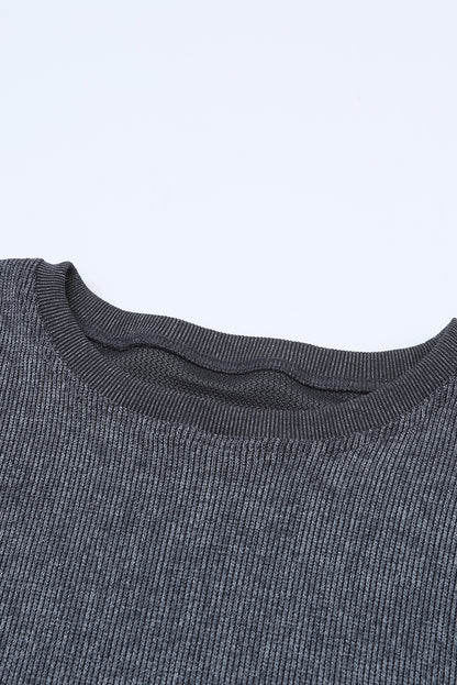 Customizable Solid Ribbed Knit Round Neck Casual PulloverSweatshirt