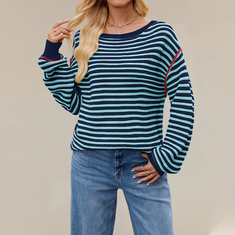 Striped Crewneck Knit Sweater - Loose Fit Pullover Top