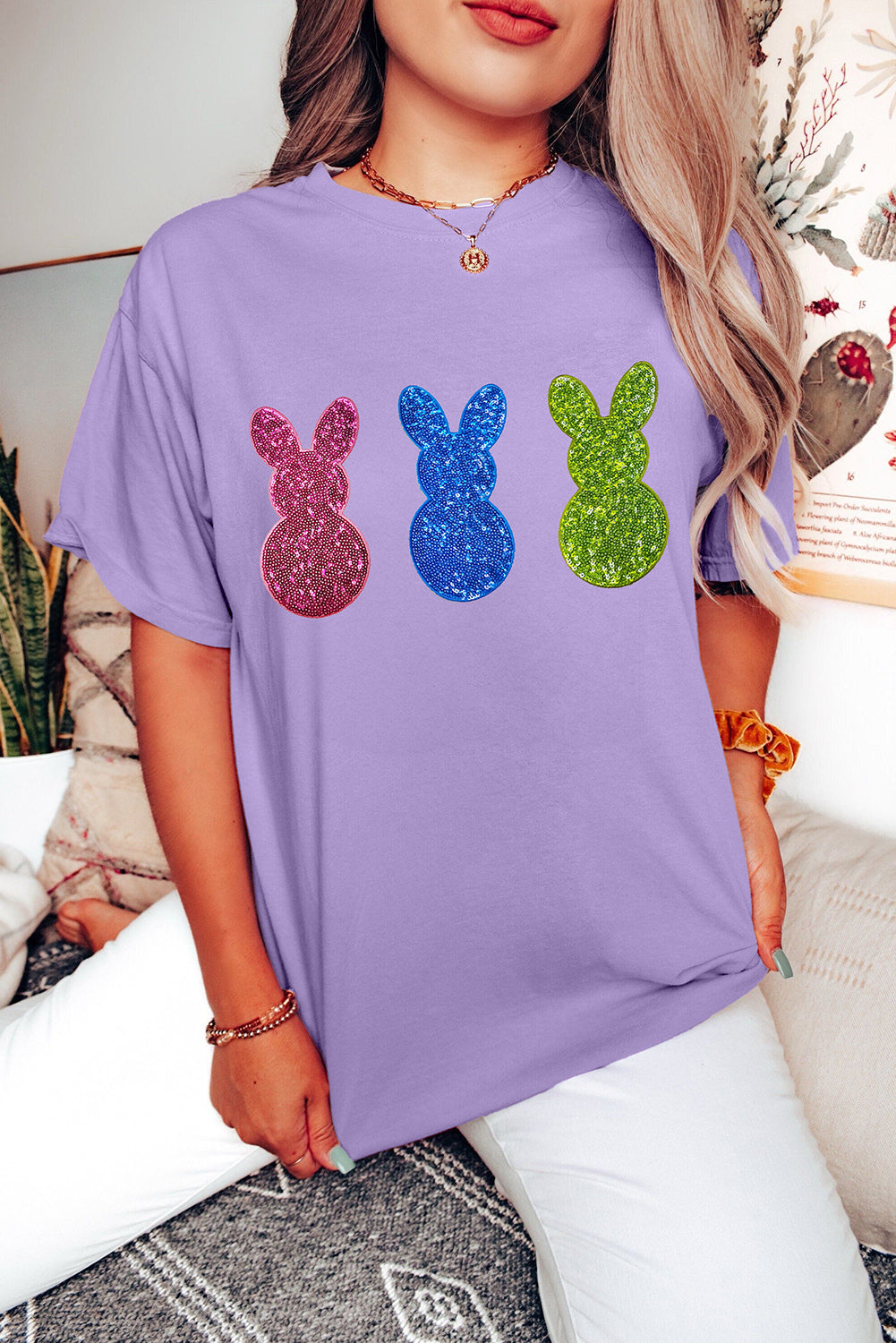 Wisteria Easter Shiny Bunny Graphic Crew Neck Tee
