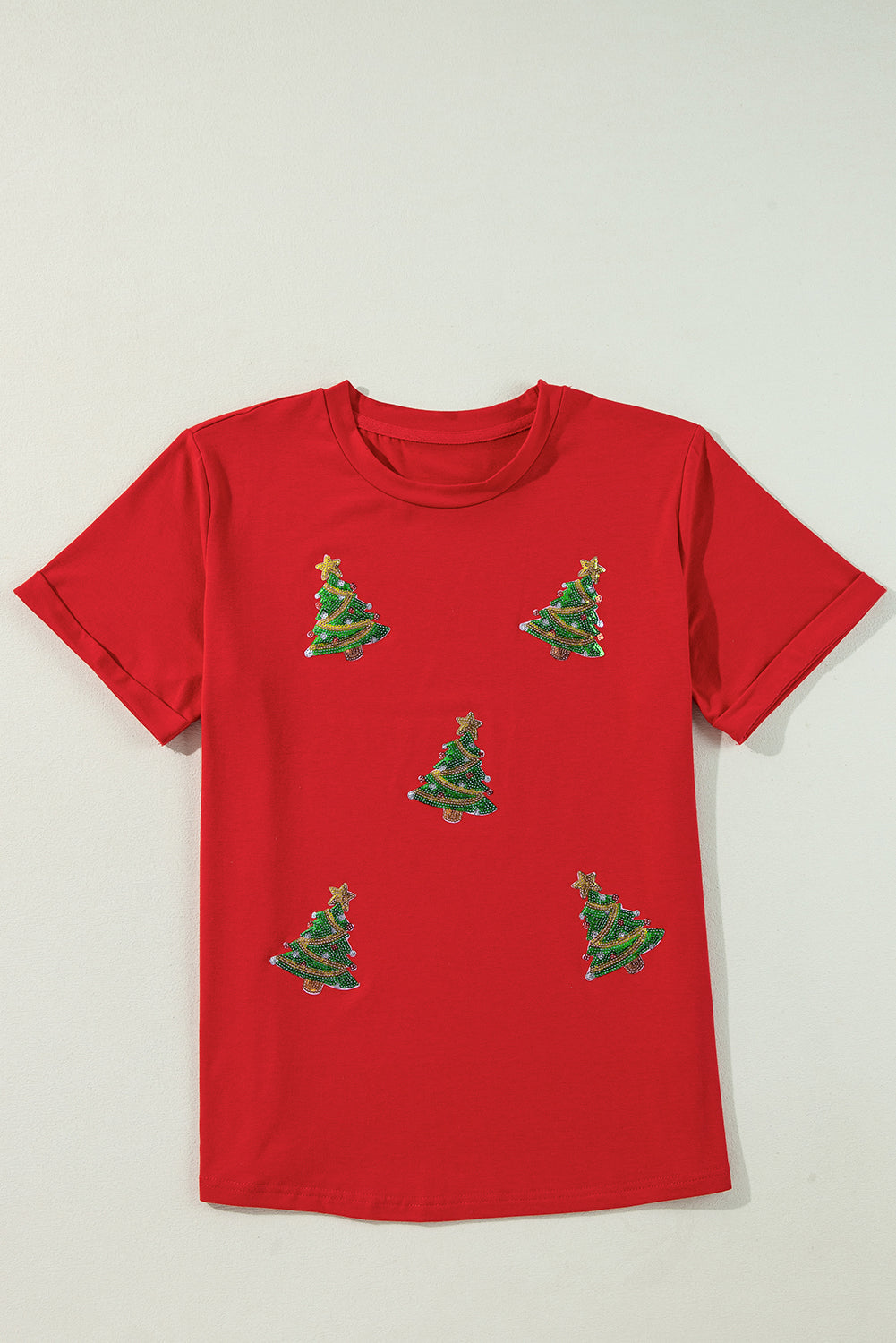 Sequin Christmas Tree Holiday Graphic Red Crewneck Tee