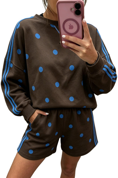 Brown Polka Dot Print Varsity Striped Detail Long Sleeve Top Short Set