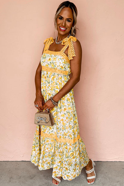 Pink Floral Lace Strap Empire Waist Maxi Dress