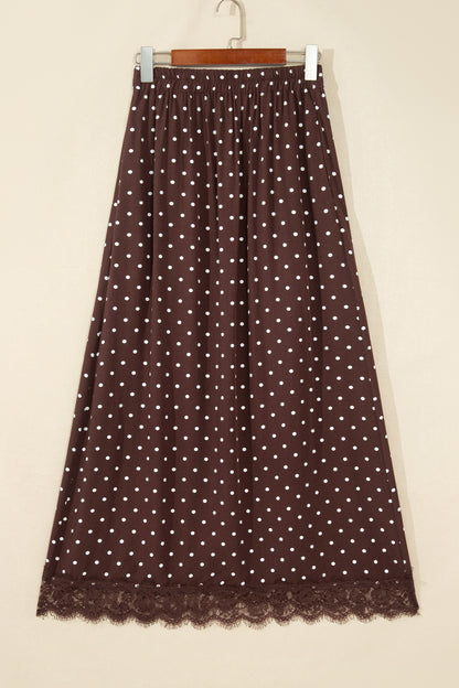 Khaki Polka Dot Lace Hem Elegant Long Shift Skirt