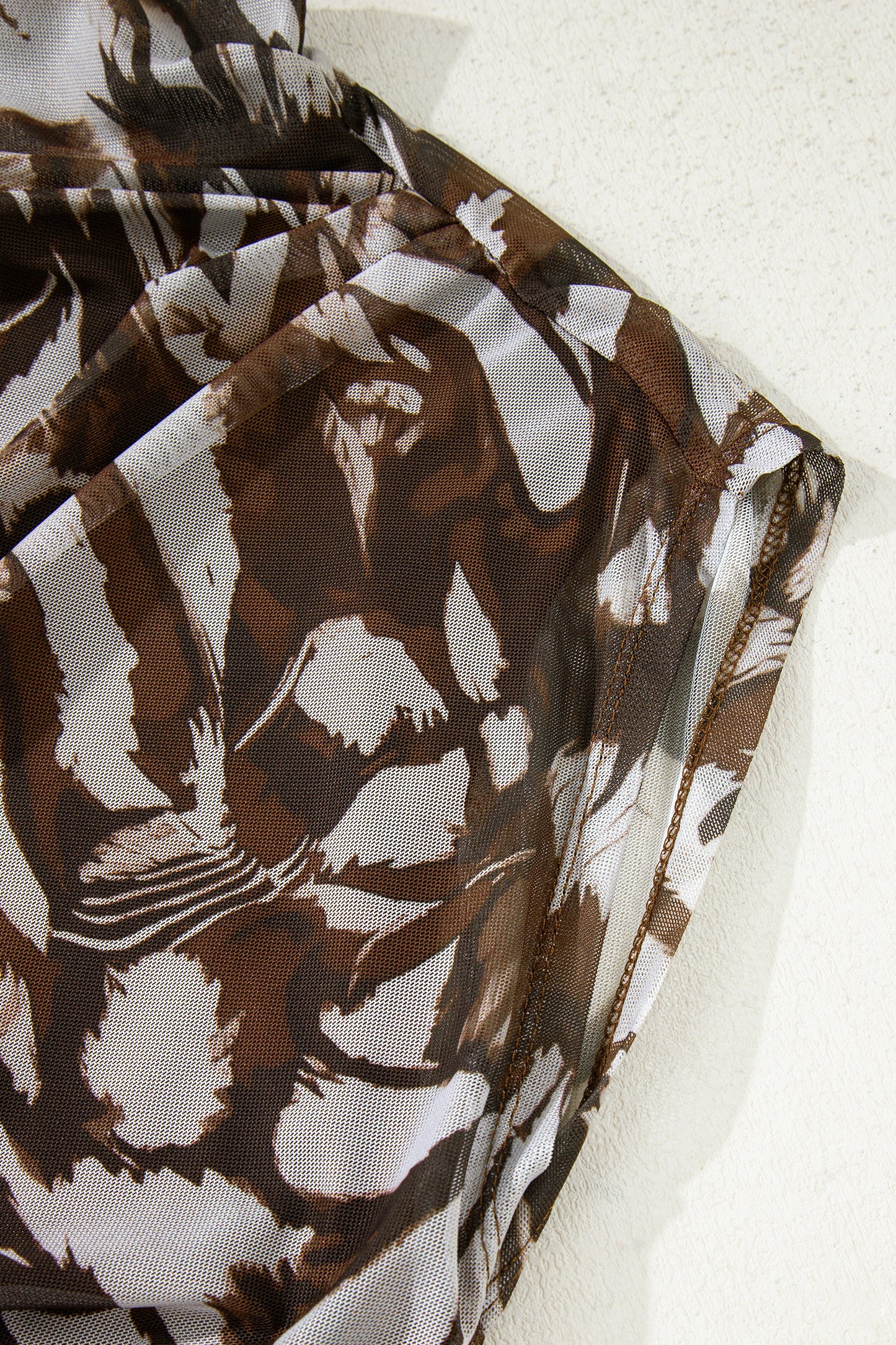 Brown Abstract Mesh Cowl Neck Ruched Midi Dress