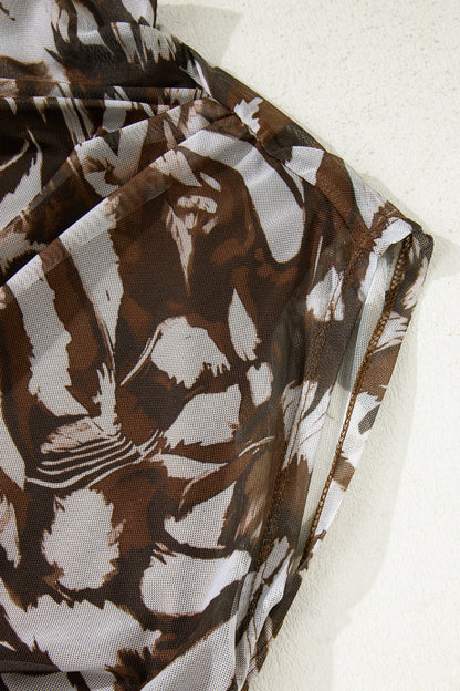 Brown Abstract Mesh Cowl Neck Ruched Midi Dress