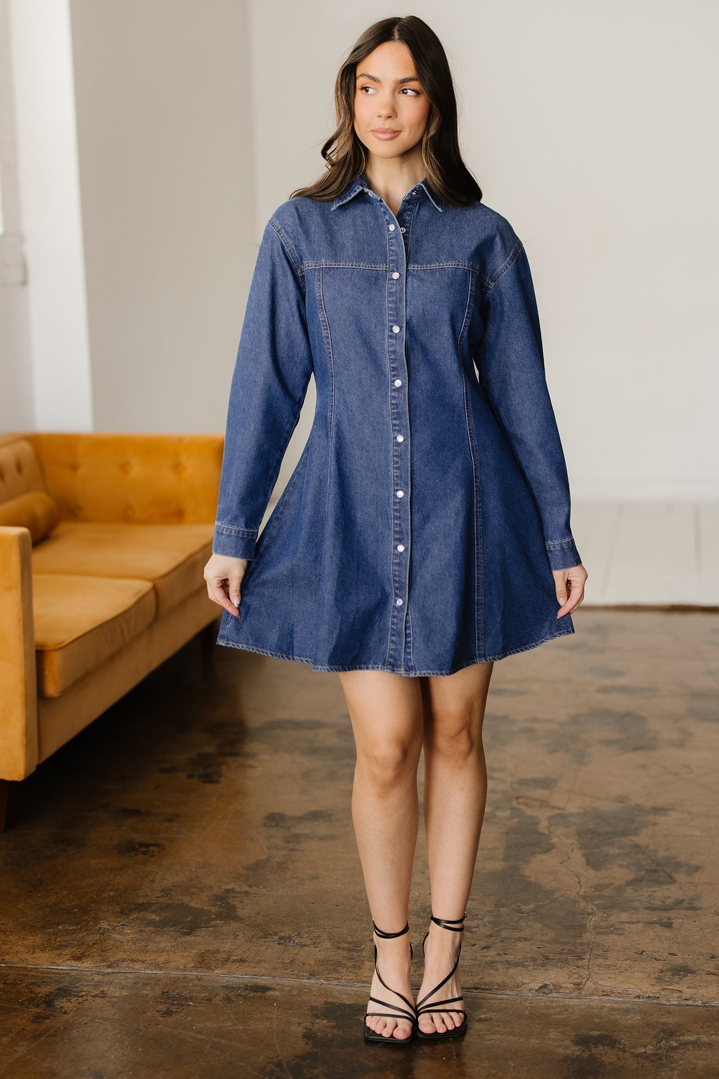 Ashleigh Blue Denim Shirt Collar Long Sleeve Flared Dress