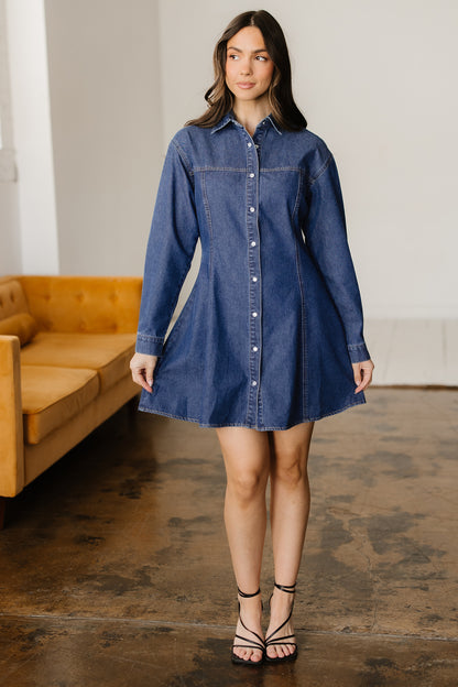 Ashleigh Blue Denim Shirt Collar Long Sleeve Flared Dress
