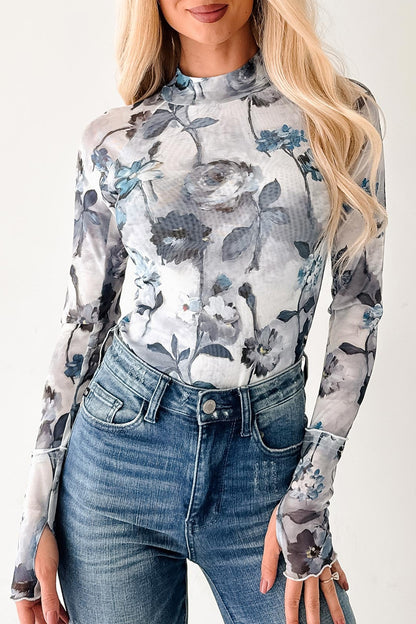 Blue Floral Mesh Mock Neck Long Sleeve Top