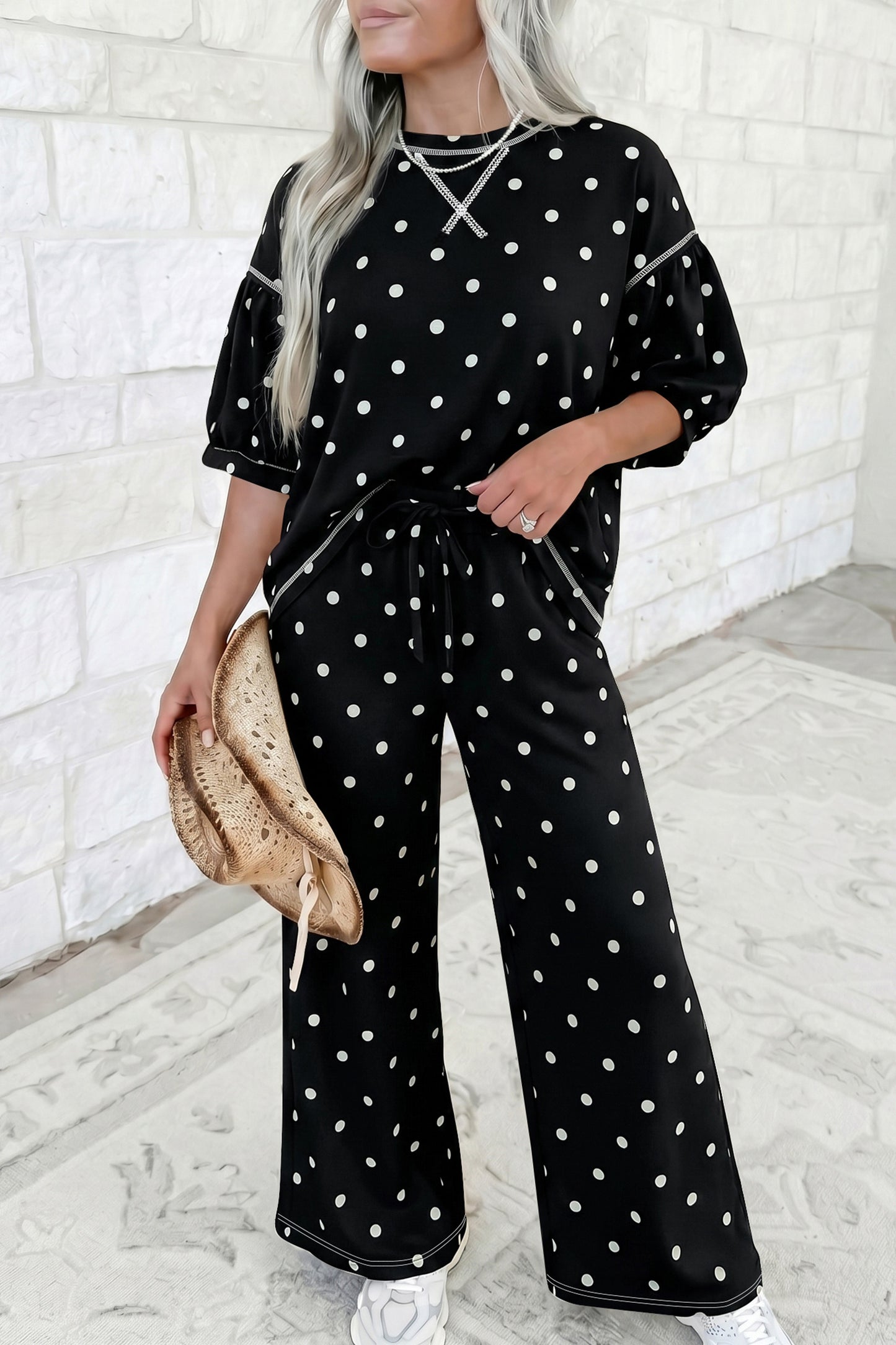 Polka Dot Puff Sleeve Wide Leg Two Piece Pants Set