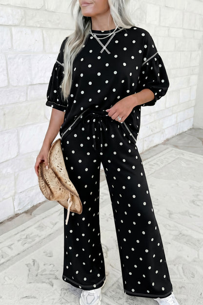 Polka Dot Puff Sleeve Wide Leg Two Piece Pants Set