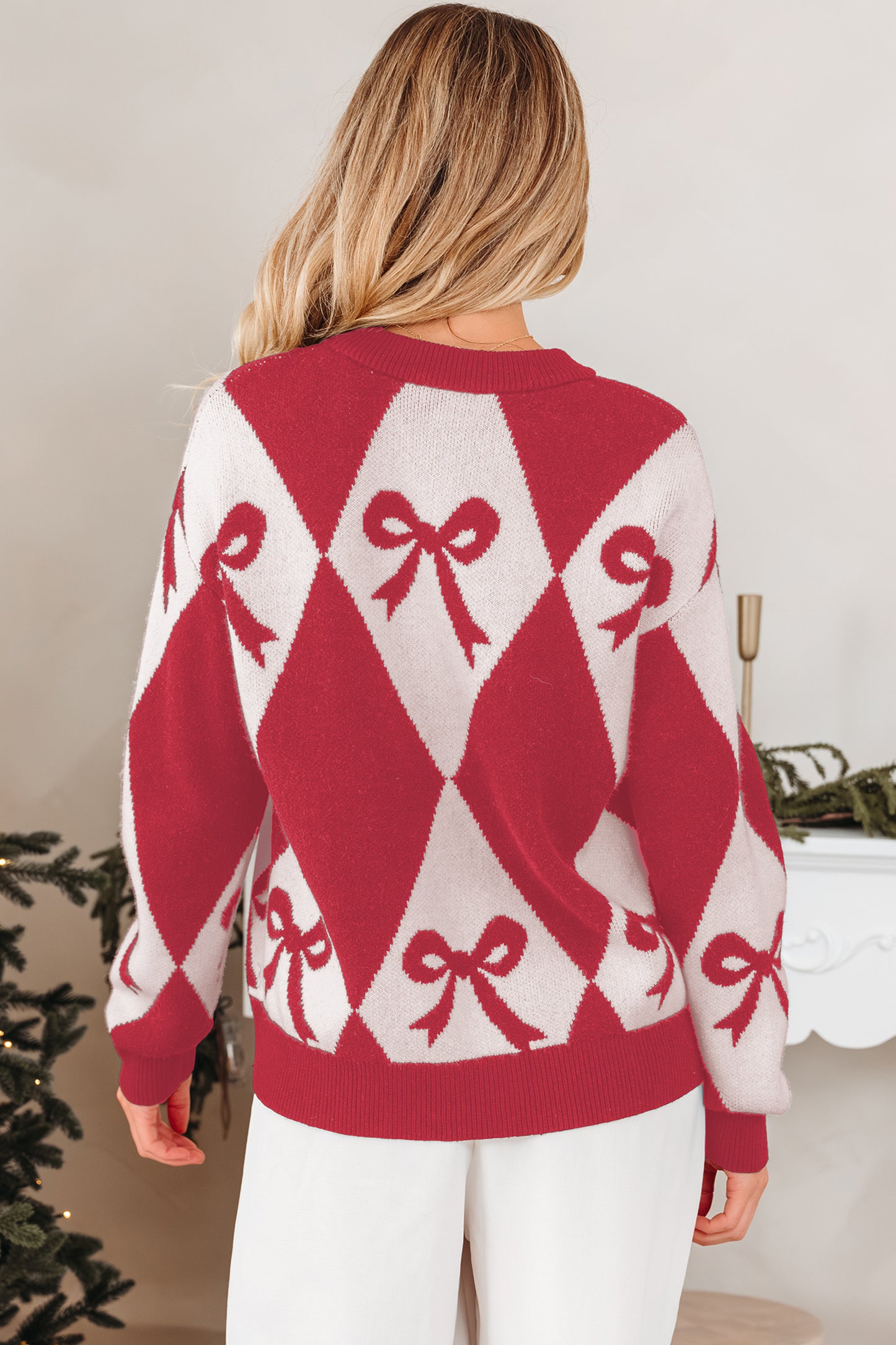 Valentine Black Bow Argyle Oversized Knit Sweater