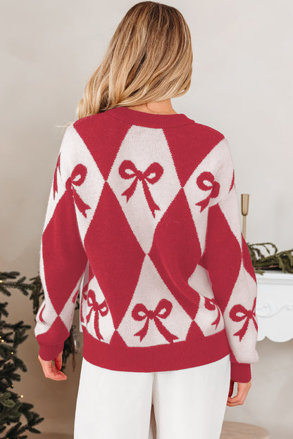 Valentine Black Bow Argyle Oversized Knit Sweater