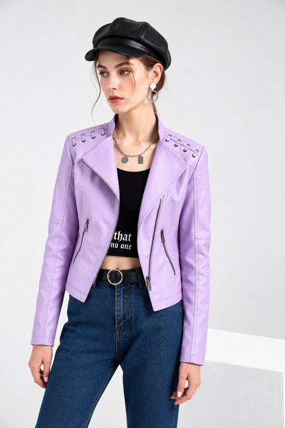 Womens Faux Leather Moto Jacket Slim Fit