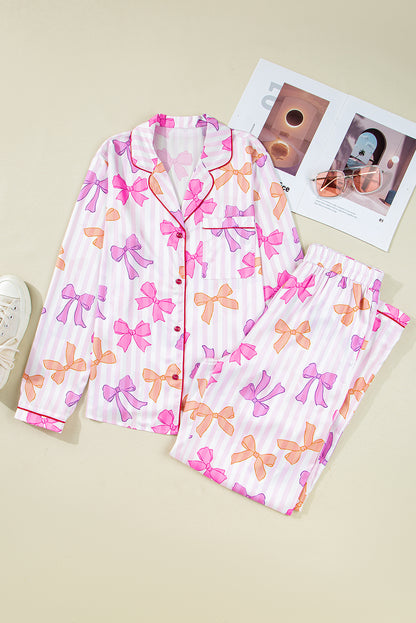 Pink Striped Bow Print Contrast Trim Pajama Set