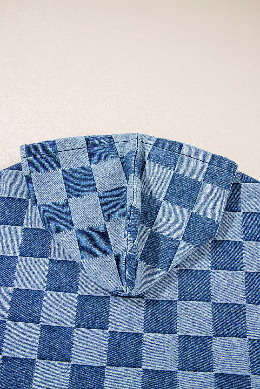 Sky Blue Checkerboard Quarter Zip Denim Hoodie with Pocket