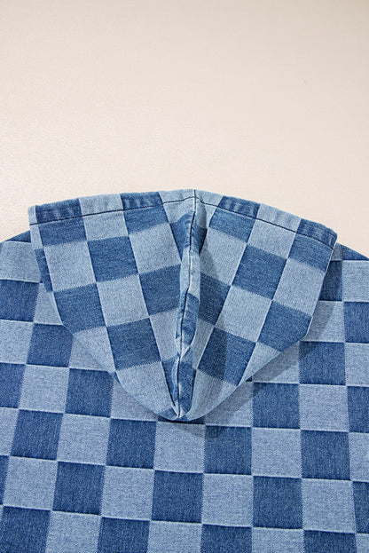 Sky Blue Checkerboard Quarter Zip Denim Hoodie with Pocket