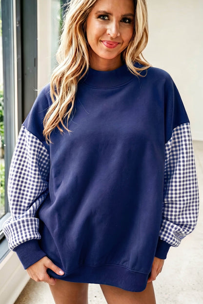Evergreen Plaid Sleeve Colorblock Loose Tunic Sweatshirt