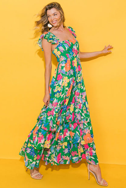 Easter Floral Square Neck Ruffle Strap Maxi Dress