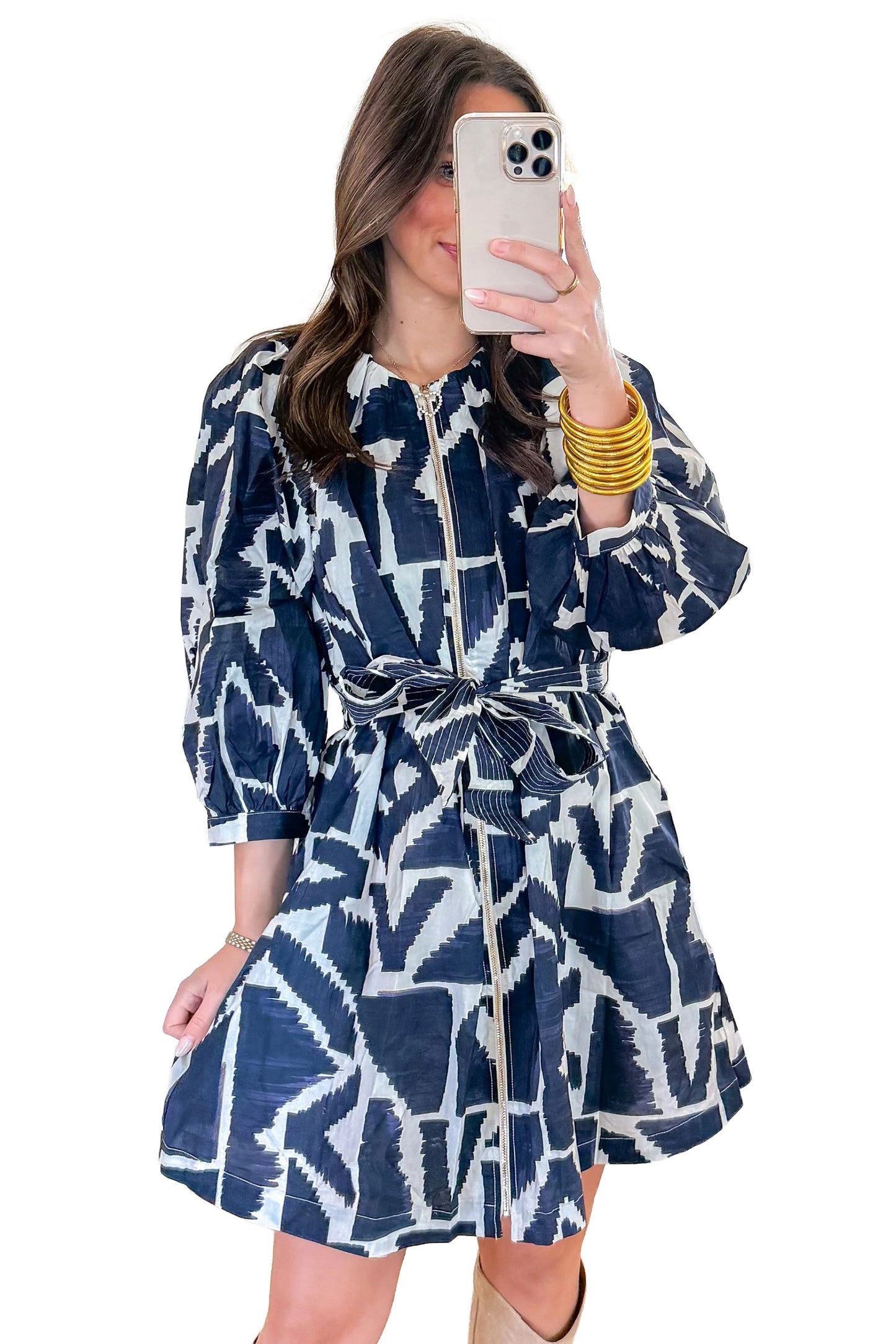 Blue Abstract Print Zip Front Tie Waist Mini Dress