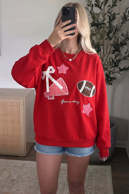 Gingham Patch Football Game Day Crew Neck Sweatshirt