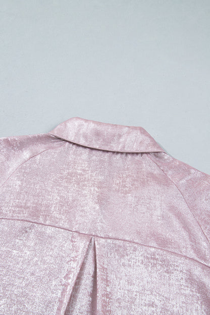 Delicacy Metallic Button Down Satin Blouse with Smocked Cuffs