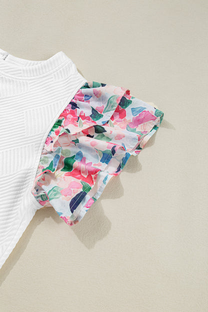 White Textured Knit Floral Ruffle Sleeve Casual Top