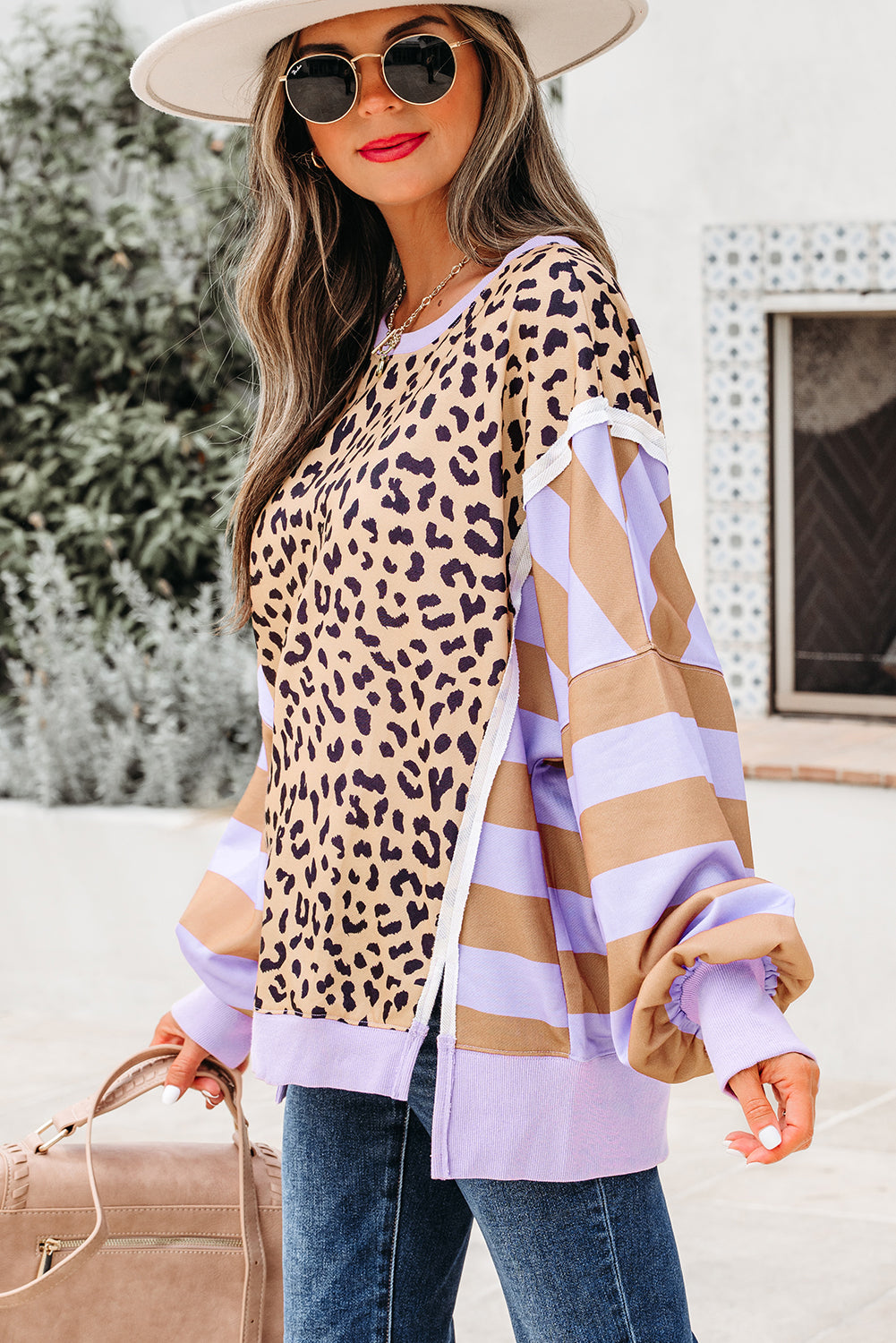 Khaki Stripe Colorblock Leopard Oversized Sweatshirt