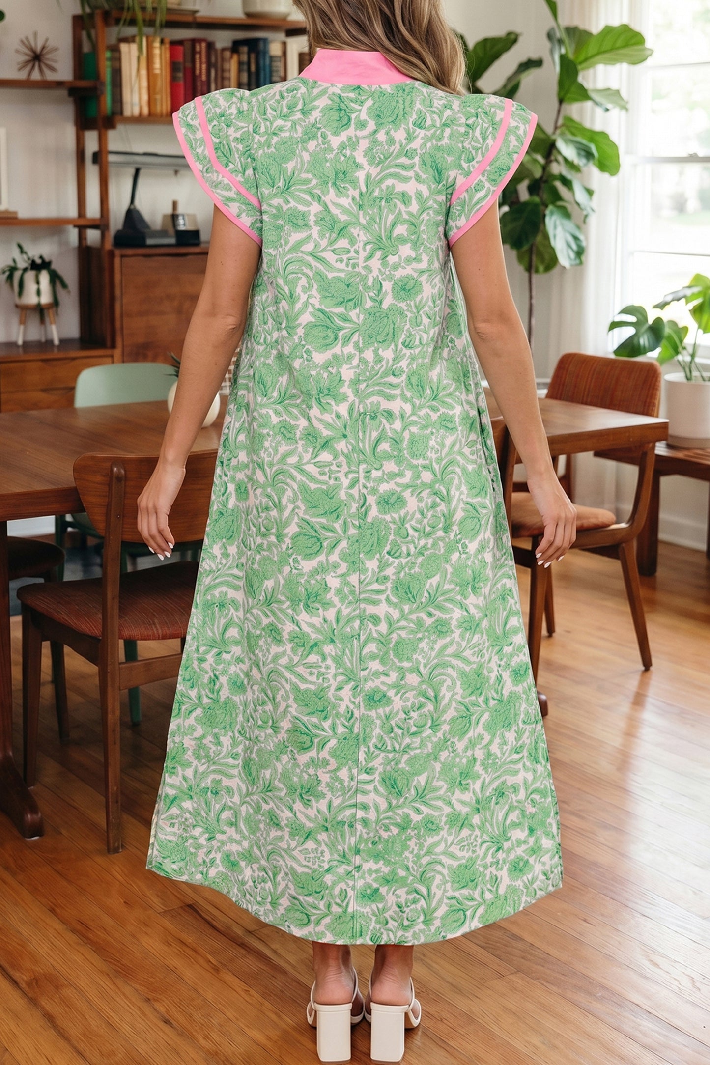 Floral Color Block V Neck Flutter Sleeve Midi Dress