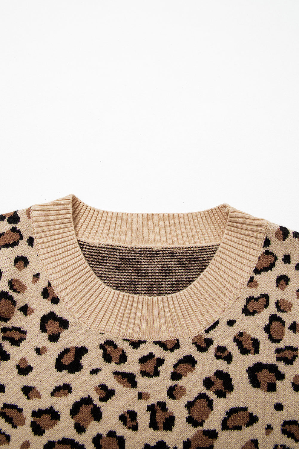 Khaki Leopard Print Crew Neck Long Sleeve Knit Sweater