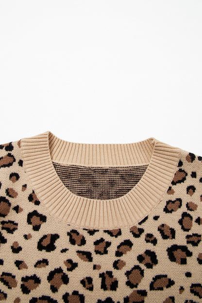 Khaki Leopard Print Crew Neck Long Sleeve Knit Sweater