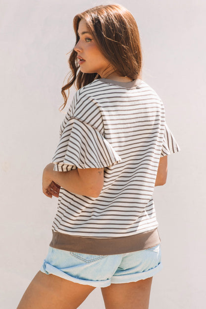 Green Striped Ruffle Sleeve Contrast Casual Top