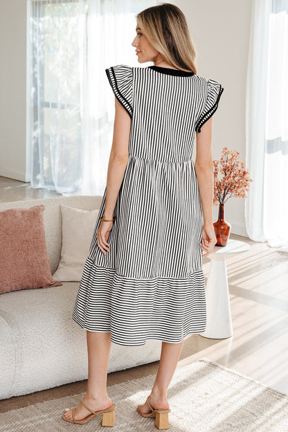 Black Stripe Ruffle Sleeve Contrast Trim V Neck Midi Dress