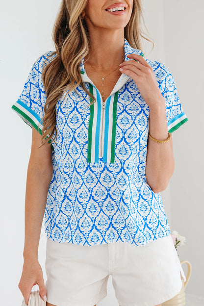 Boho Print Blouse Women Zip Neck Short Sleeve Top