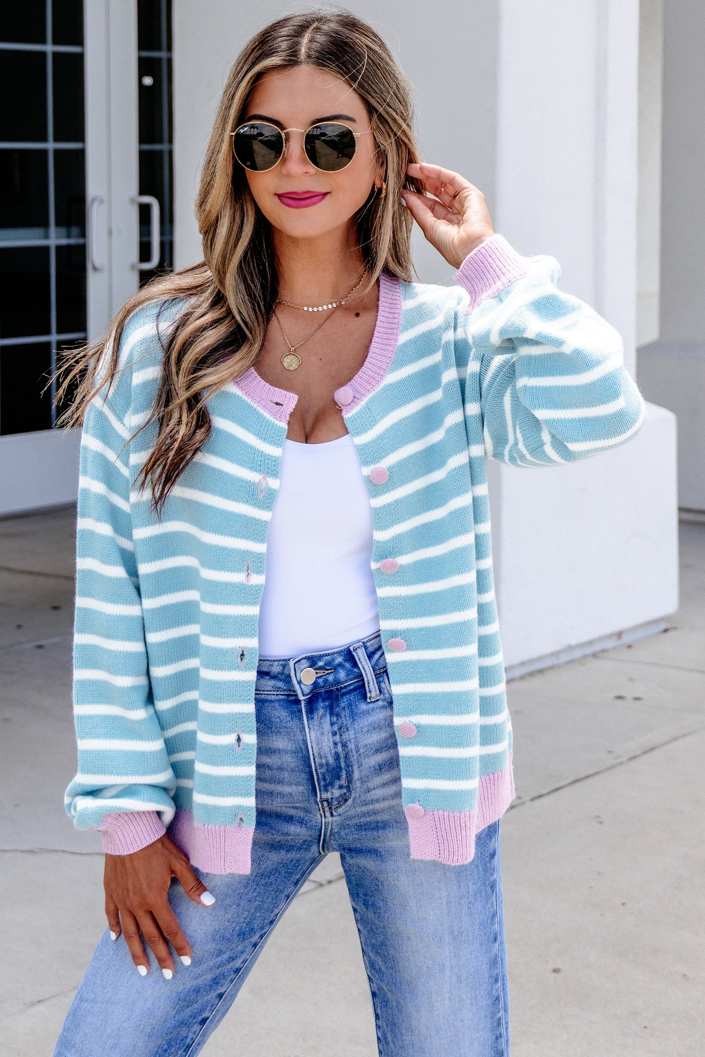 Sky Blue Pastel Stripe Button Knit Cardigan Sweater Top