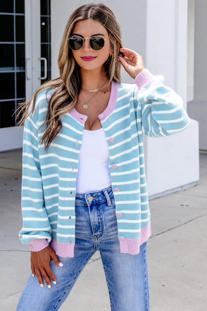 Sky Blue Pastel Stripe Button Knit Cardigan Sweater Top